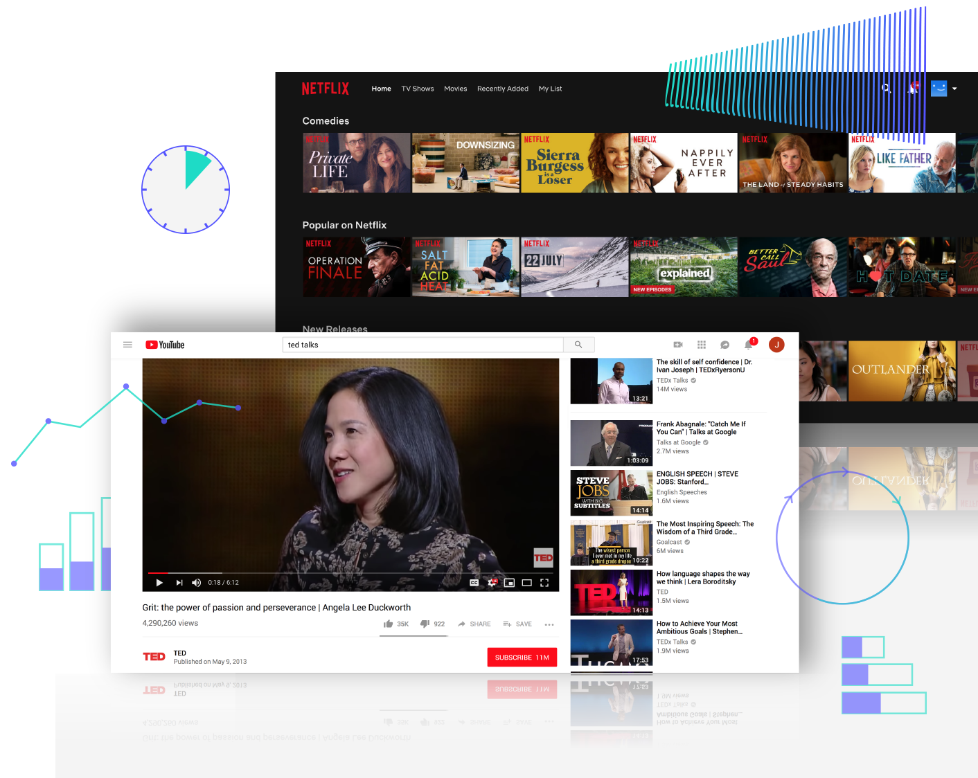 Collected screenshots of YouTube and Netflix's user experience with decorative styling. The focus is on the intelligent recommendations both YouTube and Netflix offer.