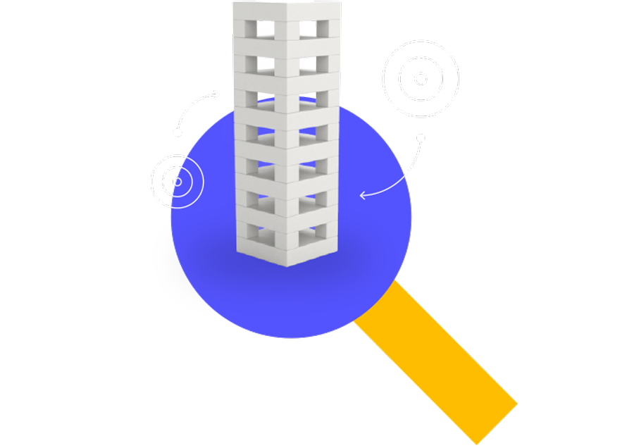 A stylized illustration of a building on top of a magnifying glass icon.